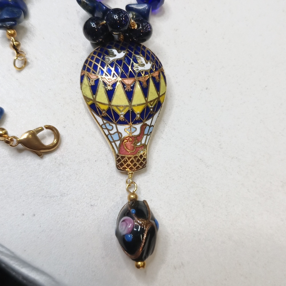 Vintage cloisonne Pendant lapis Lazuli Necklace Wedding Cake 925 Earrings - Picture 5 of 13